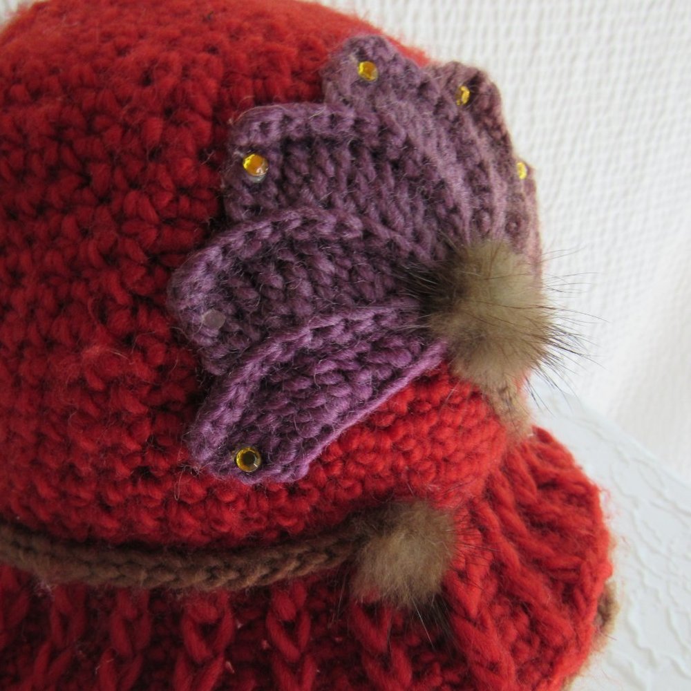 Crochet Hat Cap Beanie Angora trim layered Lined